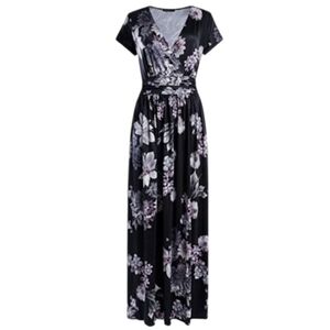 Black Ruched Wrap Maxi Dress with Flutter Sleeves